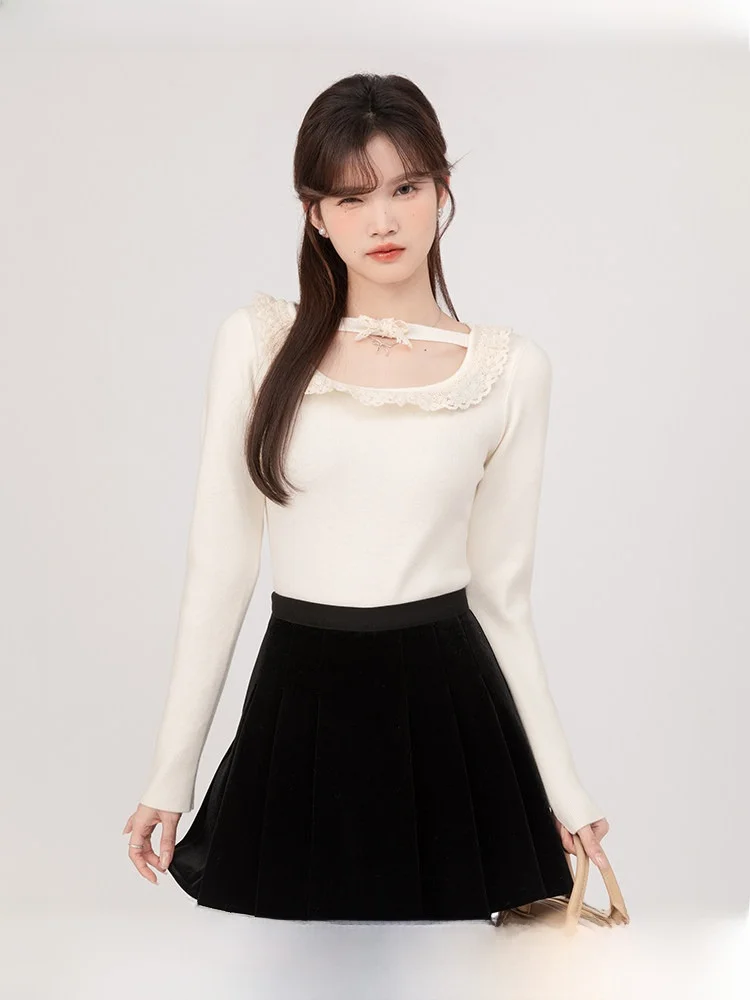 

Winter ort Lace Trim Knitted Sweater Women's Square Collar Inner Wear Fitted Sle Long Sve Color Commute Sle