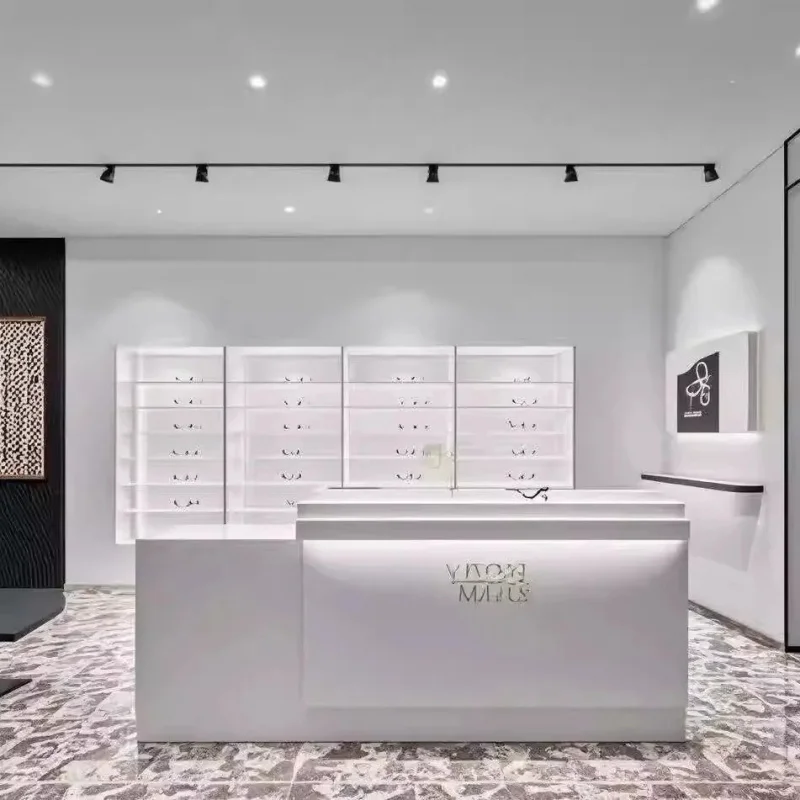 custom.Whole Design High-end Modern Display Cabinet White Paint Glasses Shop Metal Nakajima Wall Display Rack Cashier
