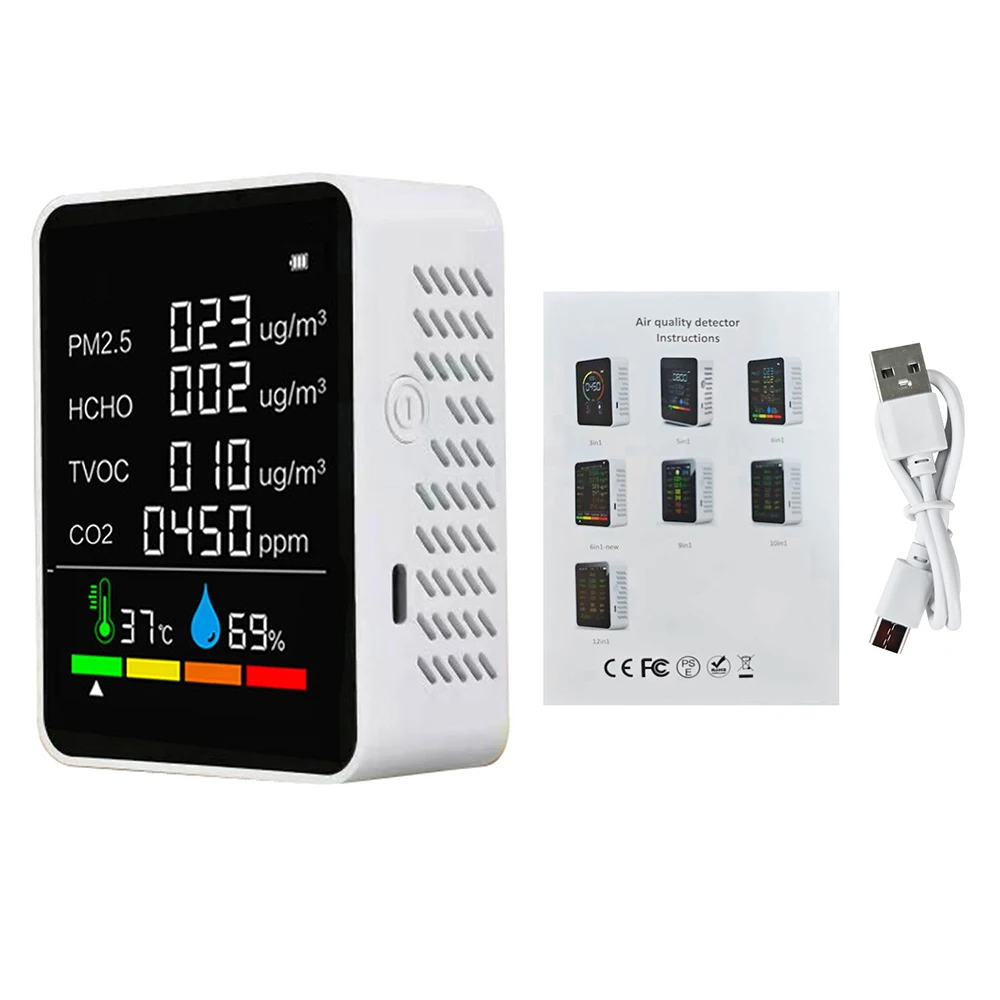 New 6-in-1 Carbon Dioxide Detector Formaldehyde Detection TVOC PM2.5 Temperature and Humidity CO2 Air Quality Monitor