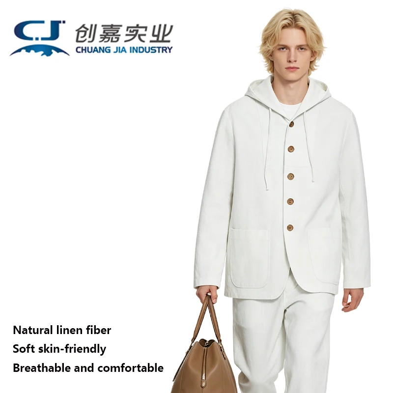

High-end Pure Linen Men's Hoodie White Outdoor Travel Sun Protection Casual Top Loose Large Size Absorb Sweat Breathable Cool