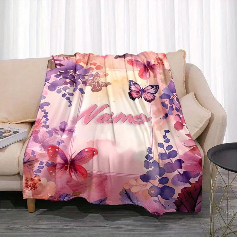 Custom name pink butterfly fleece blanket, suitable for sofa, bed, birthday, children, girls, friends, gifts