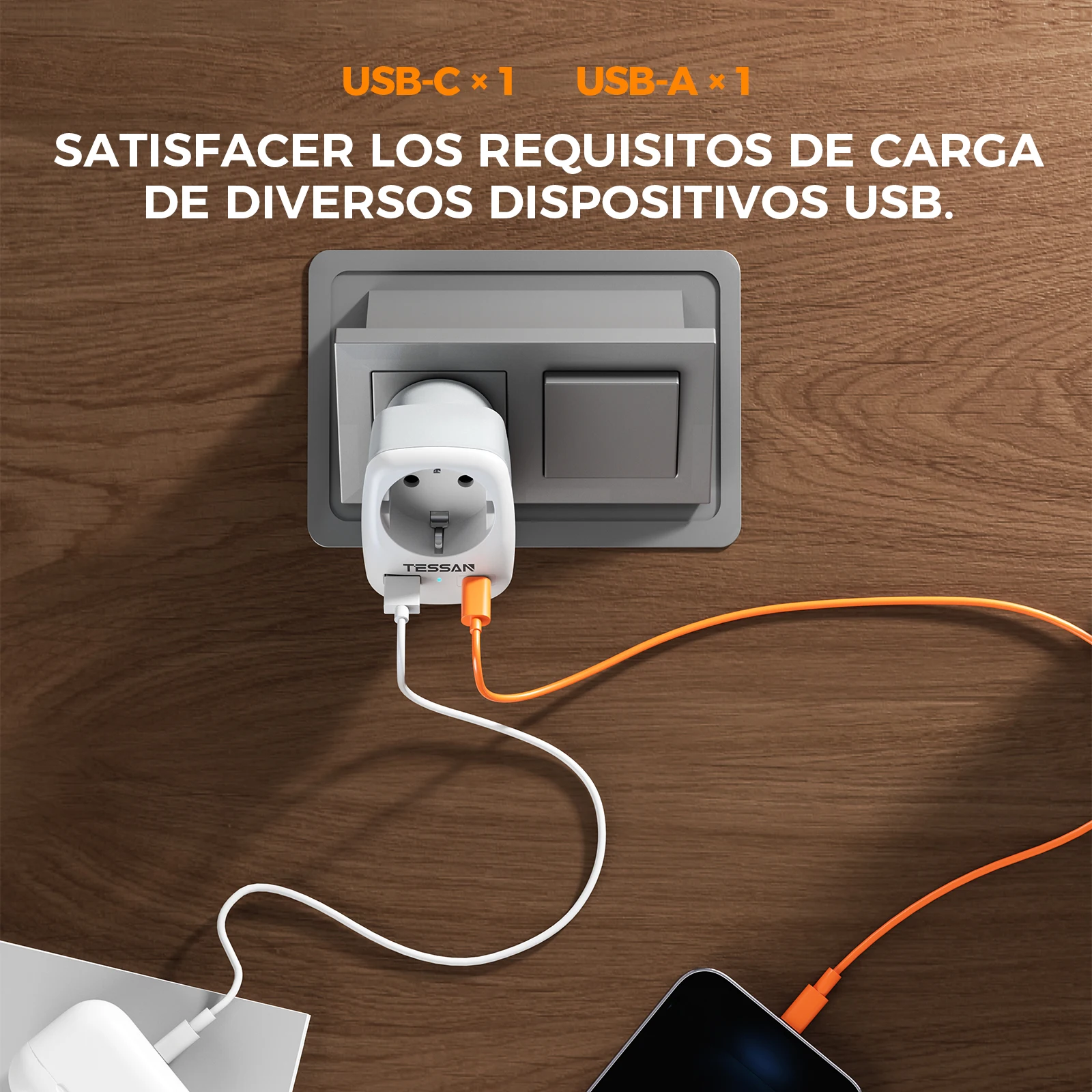 Adaptador de viaje TESSAN de la UE a EE. UU., adaptador de enchufe para América y Europa con adaptador de enchufe USB C 3A, adaptador de corriente de viaje para Canadá y México