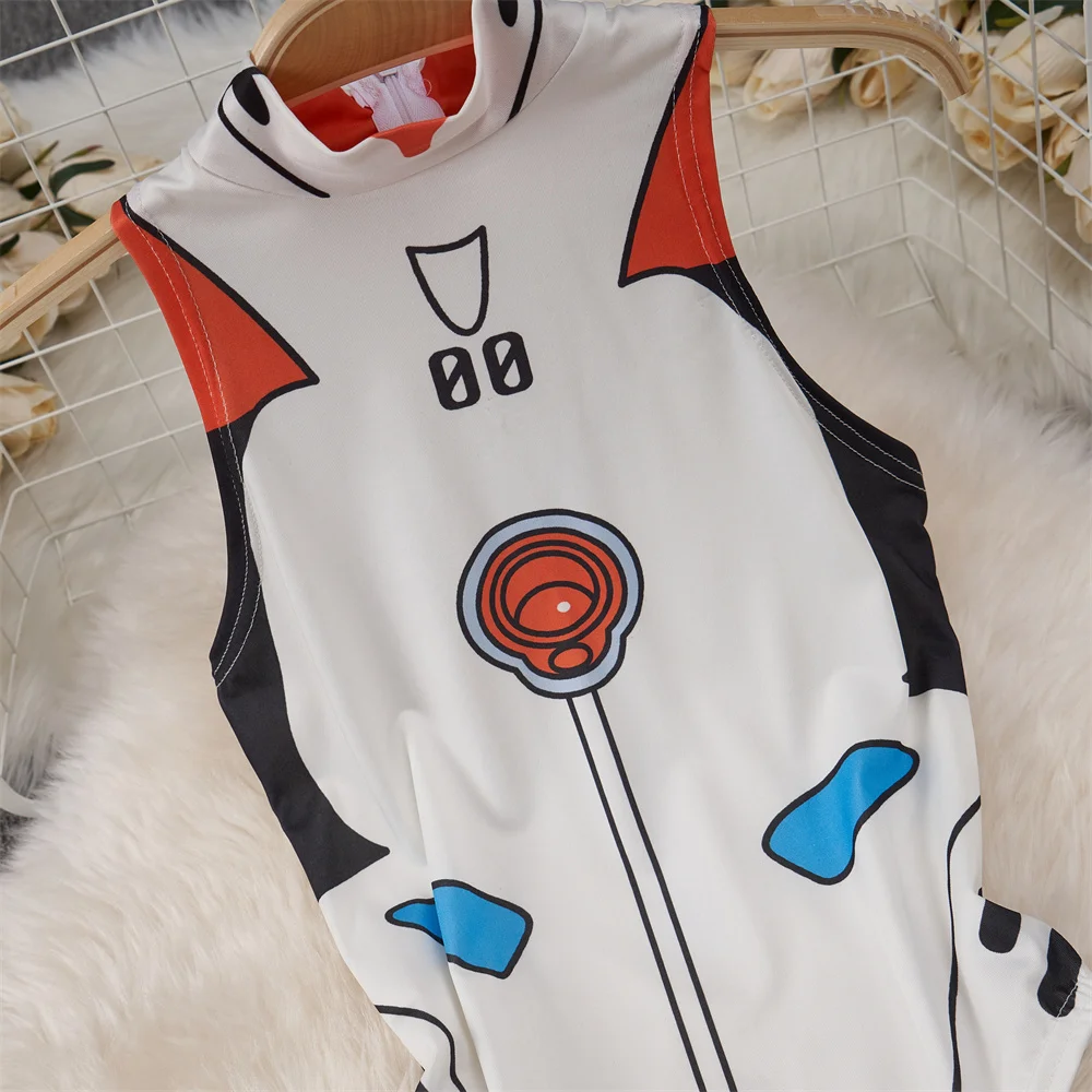 흰색 귀여운 달콤한 만화 인쇄 점프 슈트 하프 하이 칼라 민소매 스키니 란제리 Bodycon 바디 슈트 Rompers Catsuits Clothes