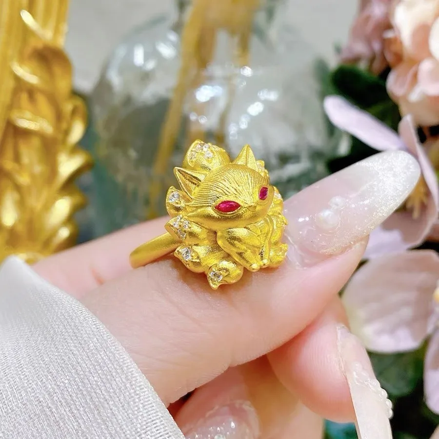 Luxury 24K 9999 Pure Gold real gold Women's Nine-tailed Fox Ring Necklace Earrings