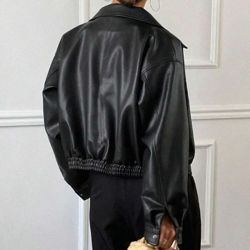 Vintage PU Leather Women Jackets 2025 Winter Autumn New Ladies Zipper Lapel Long Sleeve Pocket with Belt Loose Coats Streetwear