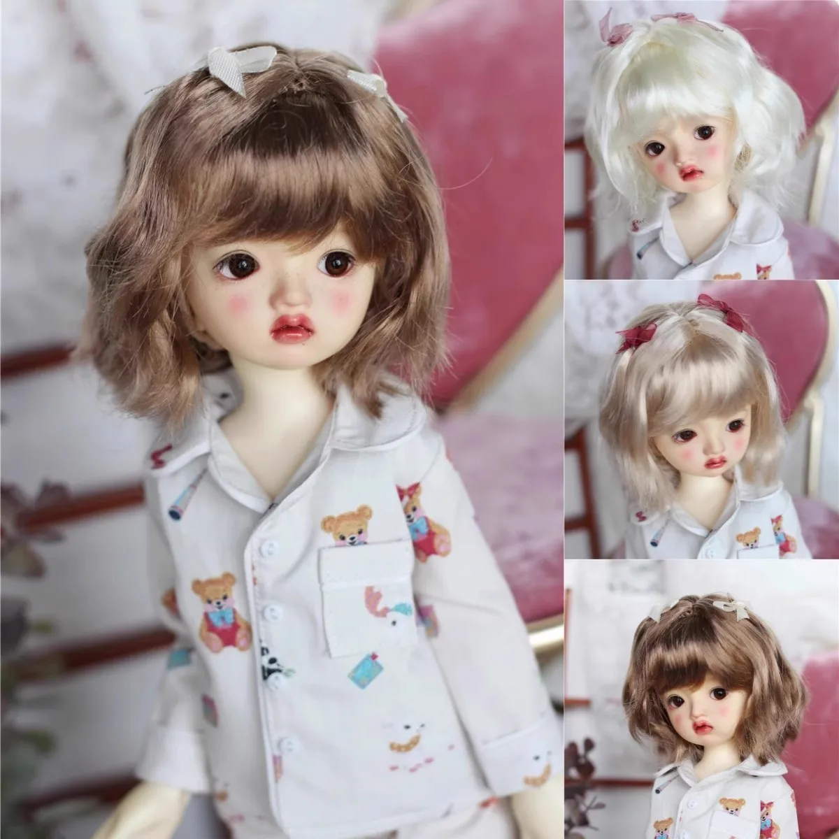 BJD Doll Girl's Cute Wig 1/6 1/4 1/3 Milk Silk Natural Butterfly Knot Shoulder-Length Hair Headwear wig(no doll)