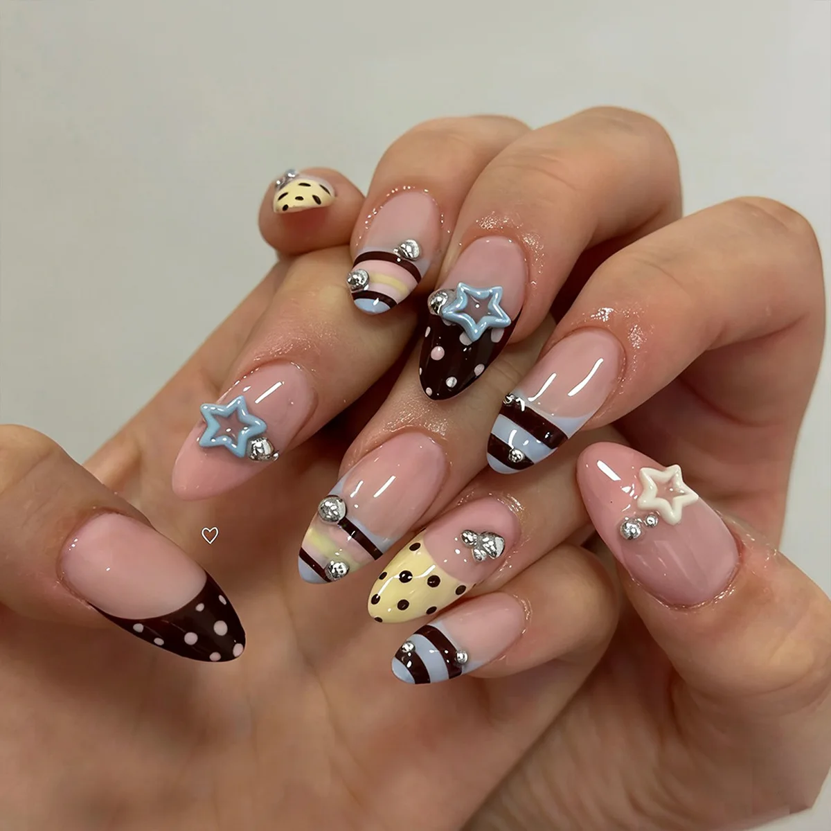 24pcs Blue Almond Fake Nails Art Cartoon Cute Button Decor Stick on Nail Tips French Polka Dot Design Press on False Nails Sets