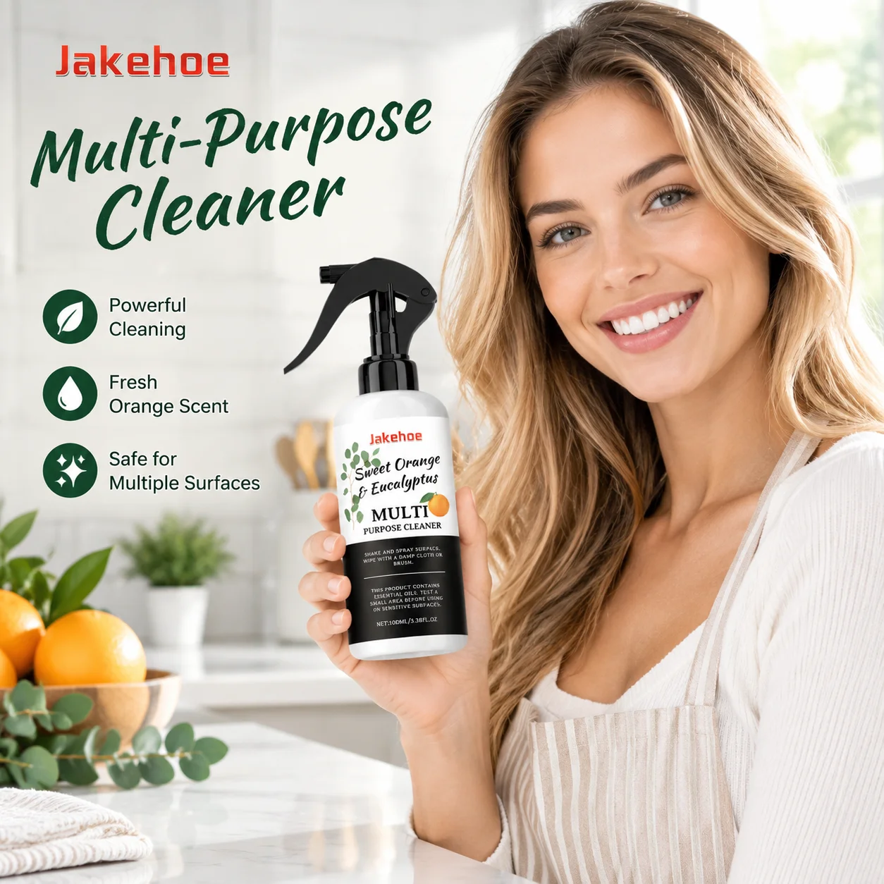 Jakehoe Sweet Orange Multi Purpose Cleaner Fast Stain Removal No Water Marks for Kitchen Bathroom Household Cleaning Spray 100ml