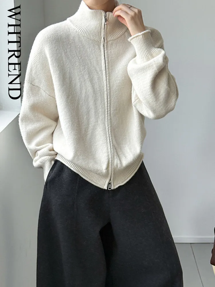 

WHTREND осень-зима новый кардиган с воротником-стойкой на молнии женский утолщенный однотонный свитер женский стиль минимализм WH1835