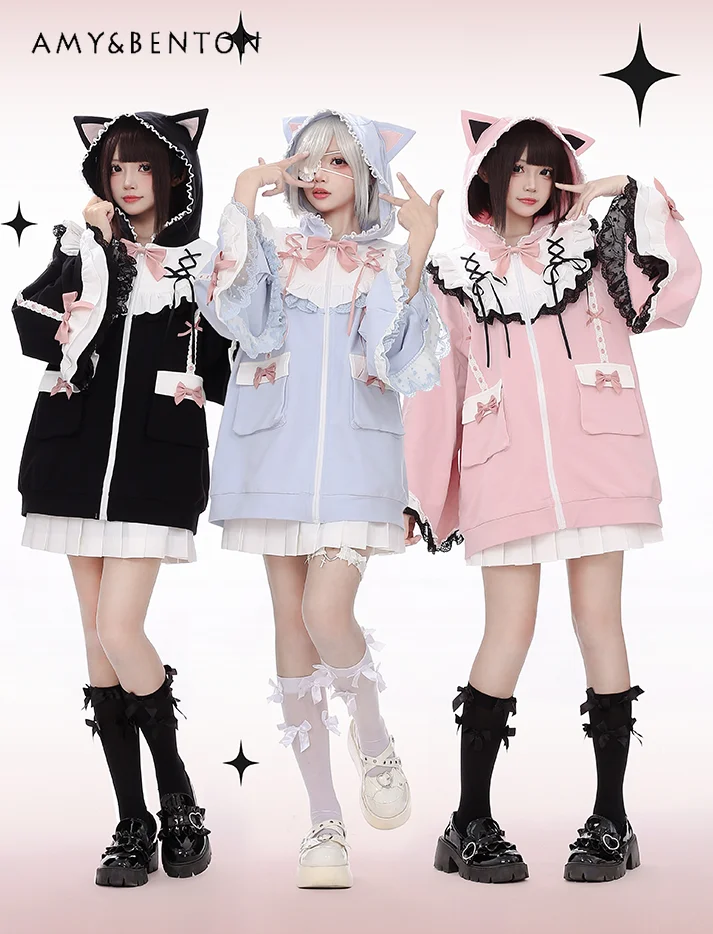 

Original Lolita Top Mine Cat Ear Hooded Subculture Hoodies Women Water Color System Sweet Cool Horn Sleeve Bow Oversized Hoodie