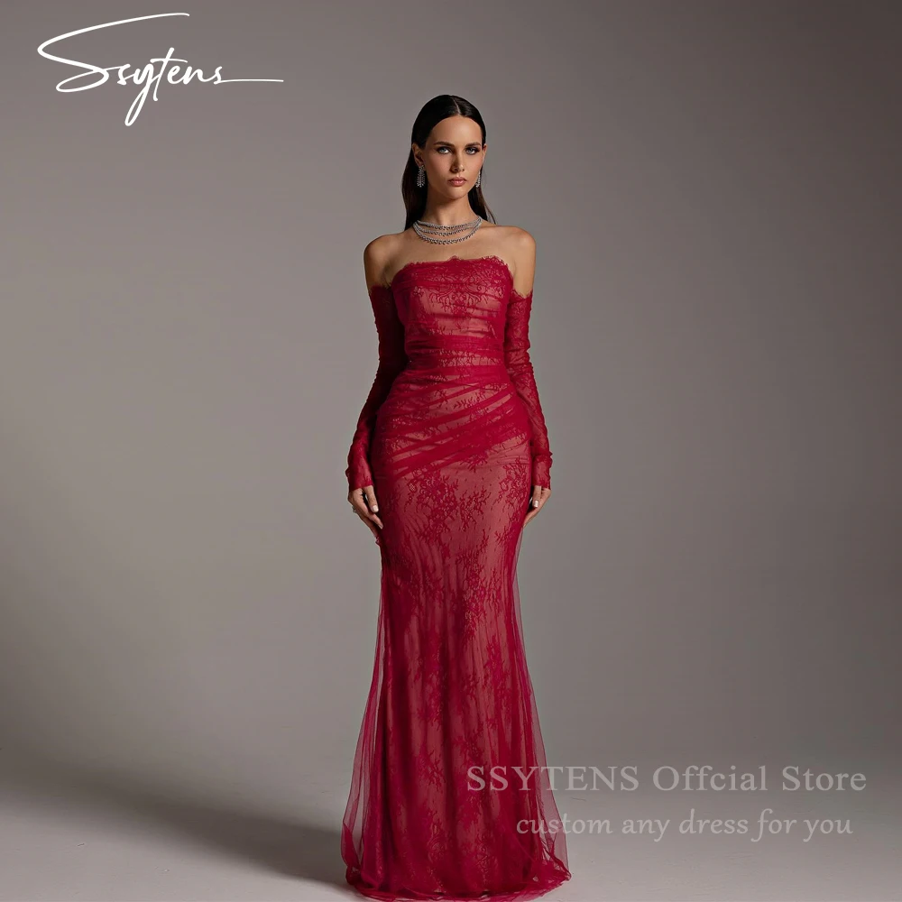 

SSYTENS Red Special Occasion Party Dress Mermaid Formal Prom Gowns Customized Lace Detachable Long Sleeves Saudi Evening Dresses