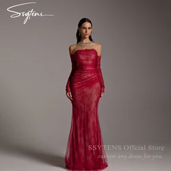 SSYTENS Red Special Occasion Party Dress Mermaid Formal Prom Gowns Customized Lace Detachable Long Sleeves Saudi Evening Dresses