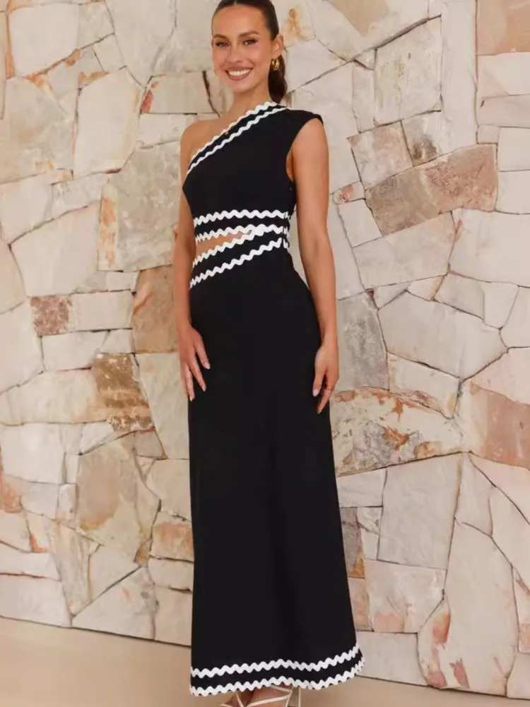 

2025 Summer New Arrival Fashion Women's Elegant Splicing Dress Sexy Vacation Style Diagonal Shoulder Long Fake Two Piece Dress