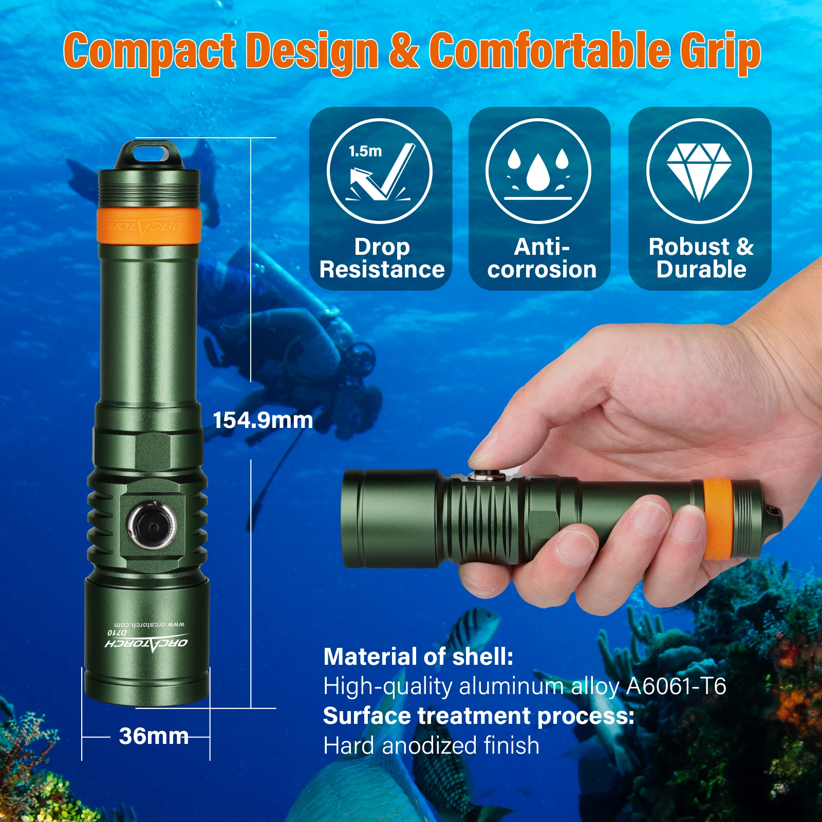 Orcatorch D710 Underwater Lantern Professional High Power Diving Flashlight Rechargeable Scuba Diving Torch Light LED Flashlight