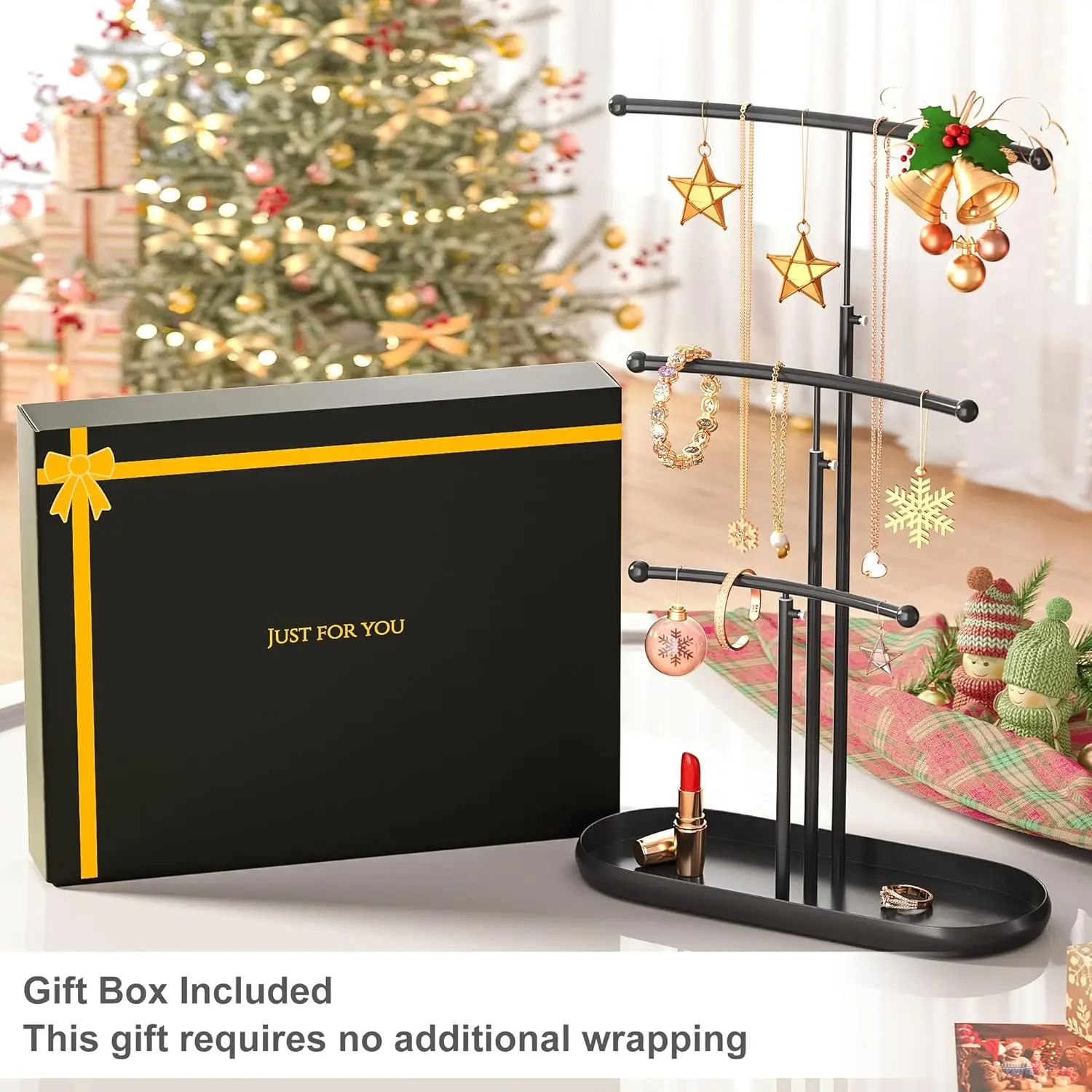 Metal Jewelry Tree, 3-Tier Organizer for Necklaces & Earrings, Black Display Stand – Christmas Gift