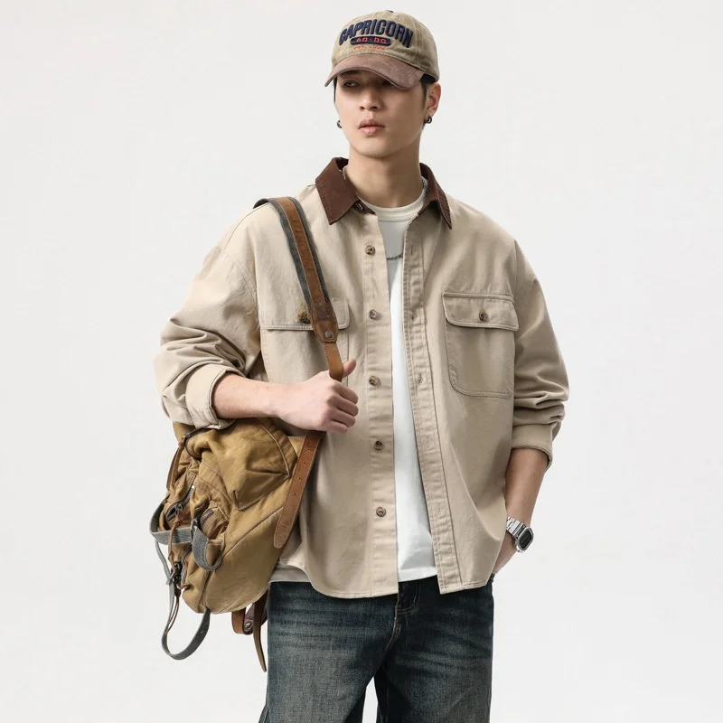 

Retro American Cotton Work irt Men's Casual Collar Jaet Fall Season PU Leather Long Sve Loose Fit Durable for All Ages