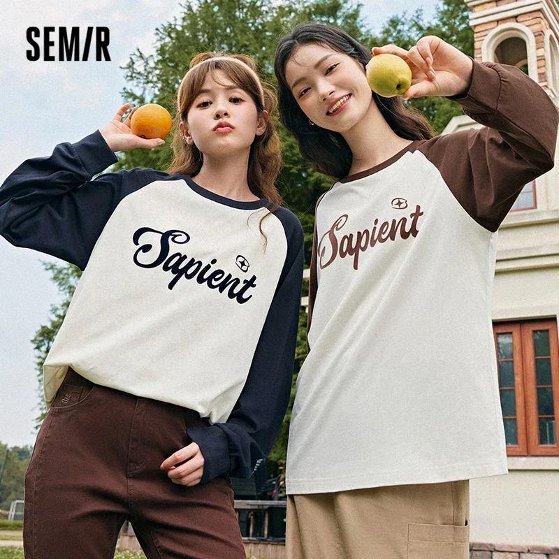 

Semir 2023 Women T-shirt Long-sleeved T-shirt Mid-length Cotton Loose 2023 New Letter Raglan Sleeve Autumn Clothing for Women