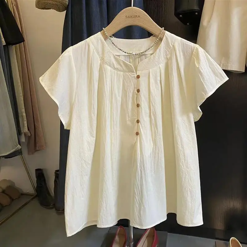 

Женская Повседневная Свободная футболка на пуговицах, летняя модная Однотонная футболка со складками и круглым вырезом, топ с коротким рукавом, французские универсальные пуловеры Y2k