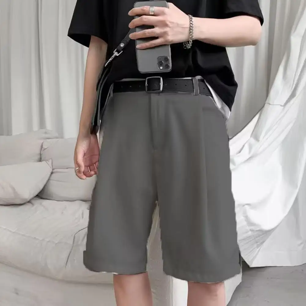 Korean Style Mid-rise Men Shorts Button Zipper Fly Pockets Solid Color Quick Drying Straight Leg Knee-Length Suit Shorts Workwea