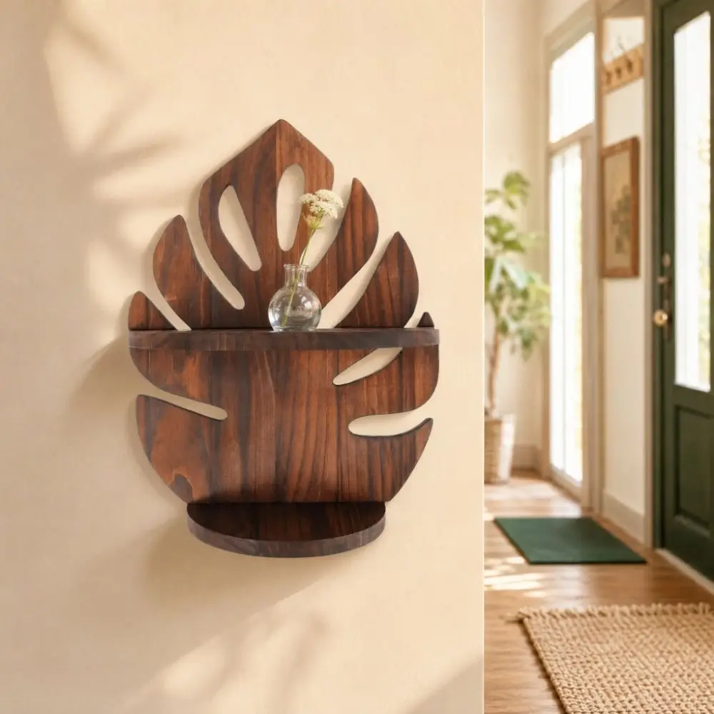 Creative Wall Mounted Wooden Monstera Shelf Decorative Natural Wood Finish Wood Display Shelf Rustic Potted Plant Shelf for Home