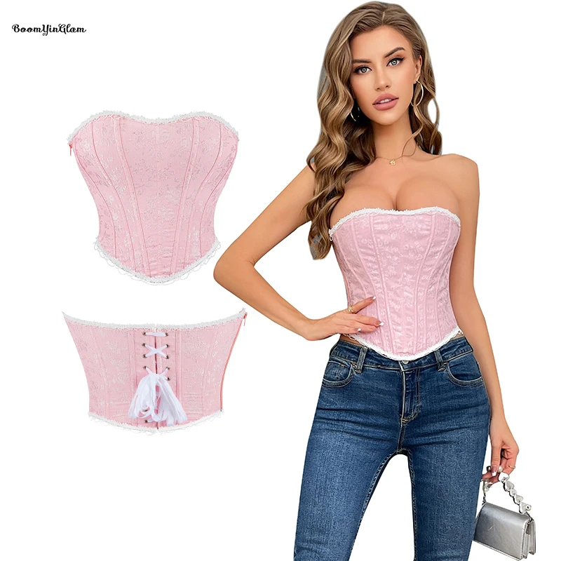 Pink Strapless Cropped Tank Top White Floral Jacquard Zip Up Lace Trim Boned Corset Tops For Women