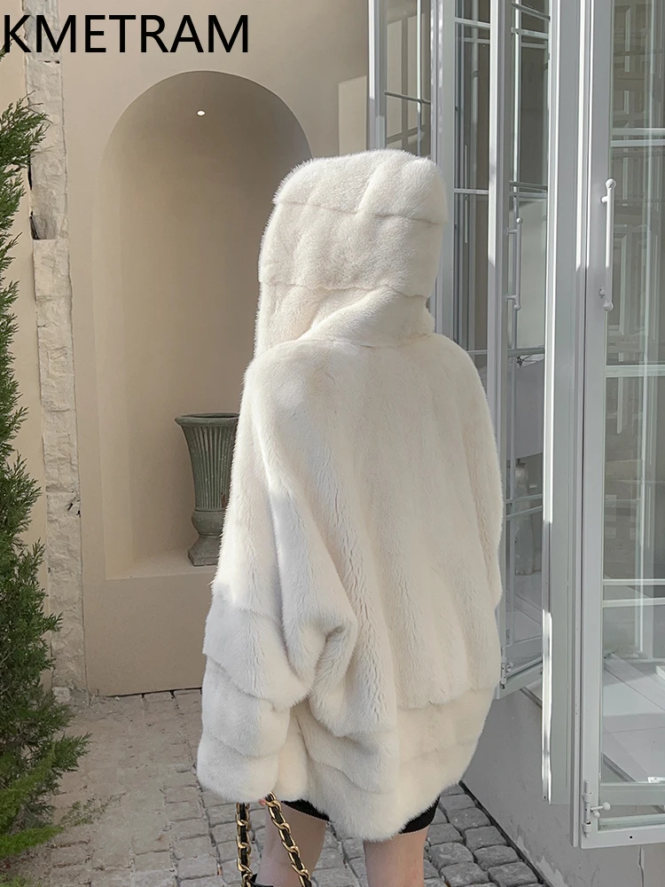 KMETRAM 100% Mink Fur Jacket Woman Luxury Batwing Sleeve Real Fur Coat with Hood 2025 Winter Coats Women Clothing шуба женская