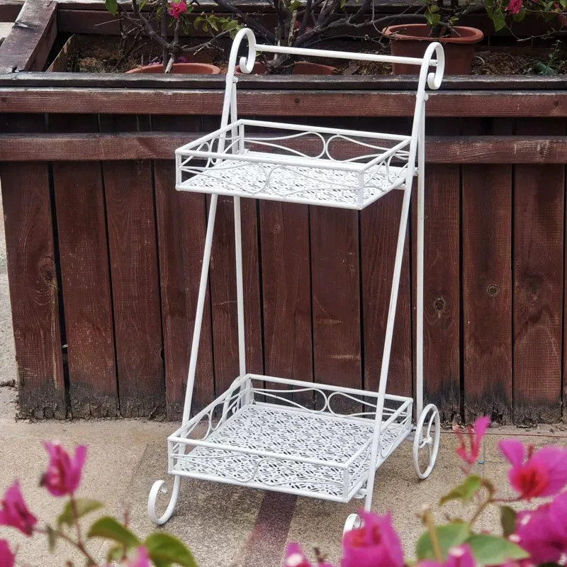 Retro double-layer flower stand, shelf, balcony, courtyard, potted plants and green plants display stand