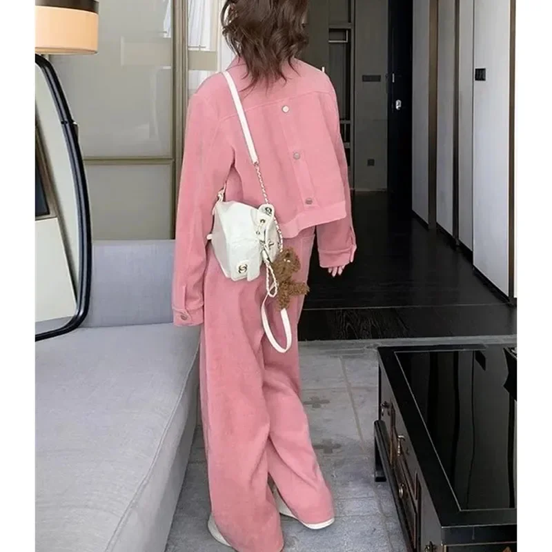 Primavera outono senhoras mangas compridas cintura alta outfit moda feminina conjunto de duas peças doce lazer calças largas perna terno rosa