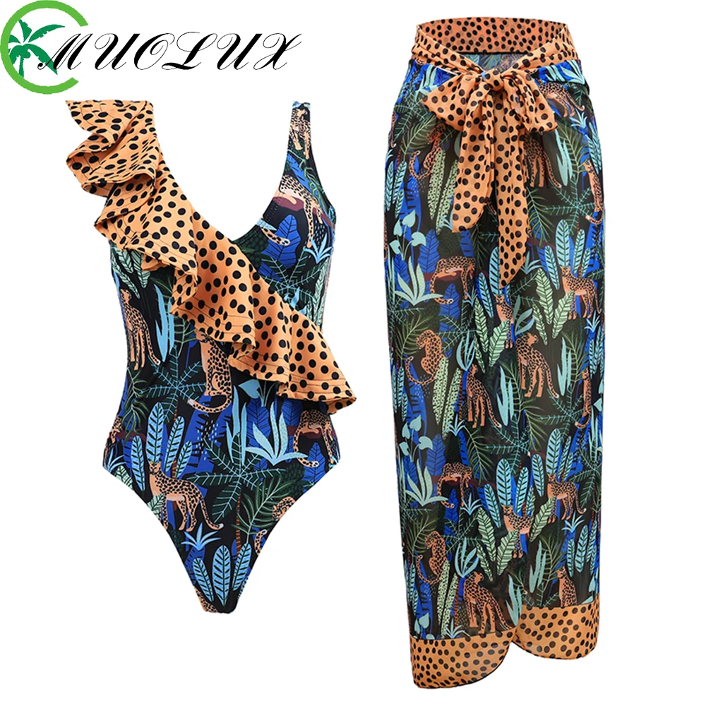 

MUOLUX 2024 One Piece Swimwear Woman Bathing Suit Ruffle Print Sexy 3D Flower Swimsuit Dress Summer Beach Monokini Cover Up