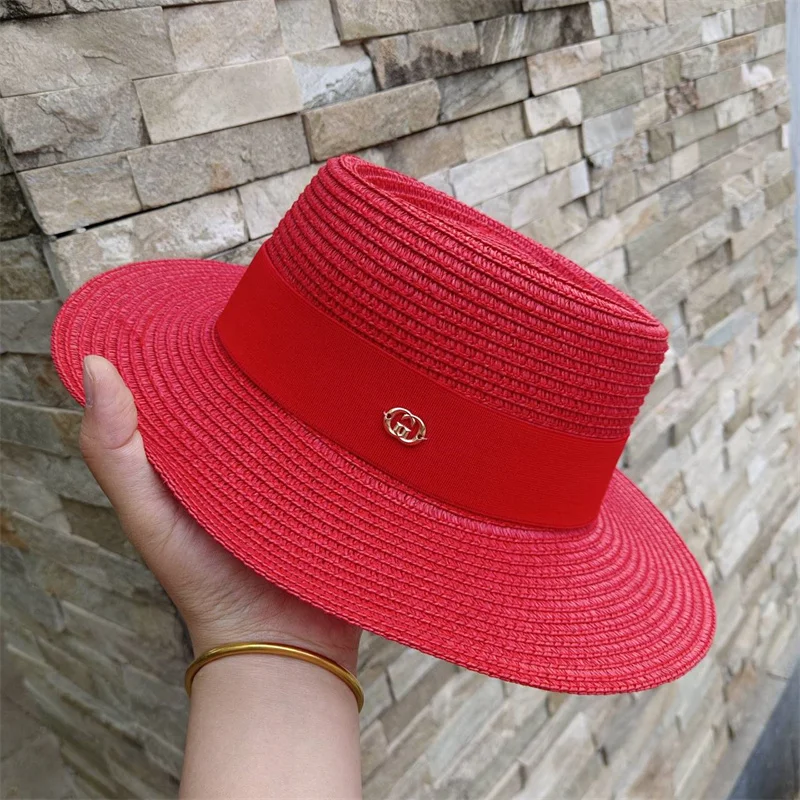 Women\'s Hat Summer Straw Hat Elastic Ribbon Flat Top Men\'s and Women\'s Straw Hat Sun Hat Beach Hat Rose Red Flat Top Straw Hat