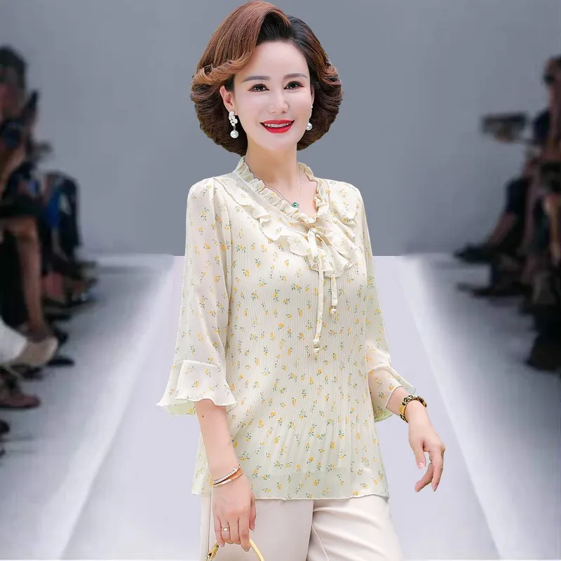 Women Summer Retro Vintage Elegant Office Lady Shirts Casual Work Ribbon Peplum printing Tops Blouses