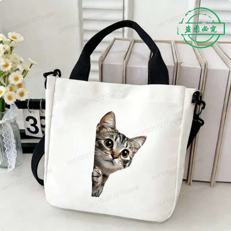 Cartoon Kawaii Cat Anime Canvas Shoulder Bag Women's Cat Novelty Creative Tote Bag Casual Light Handbags Shopping Bag Gifts