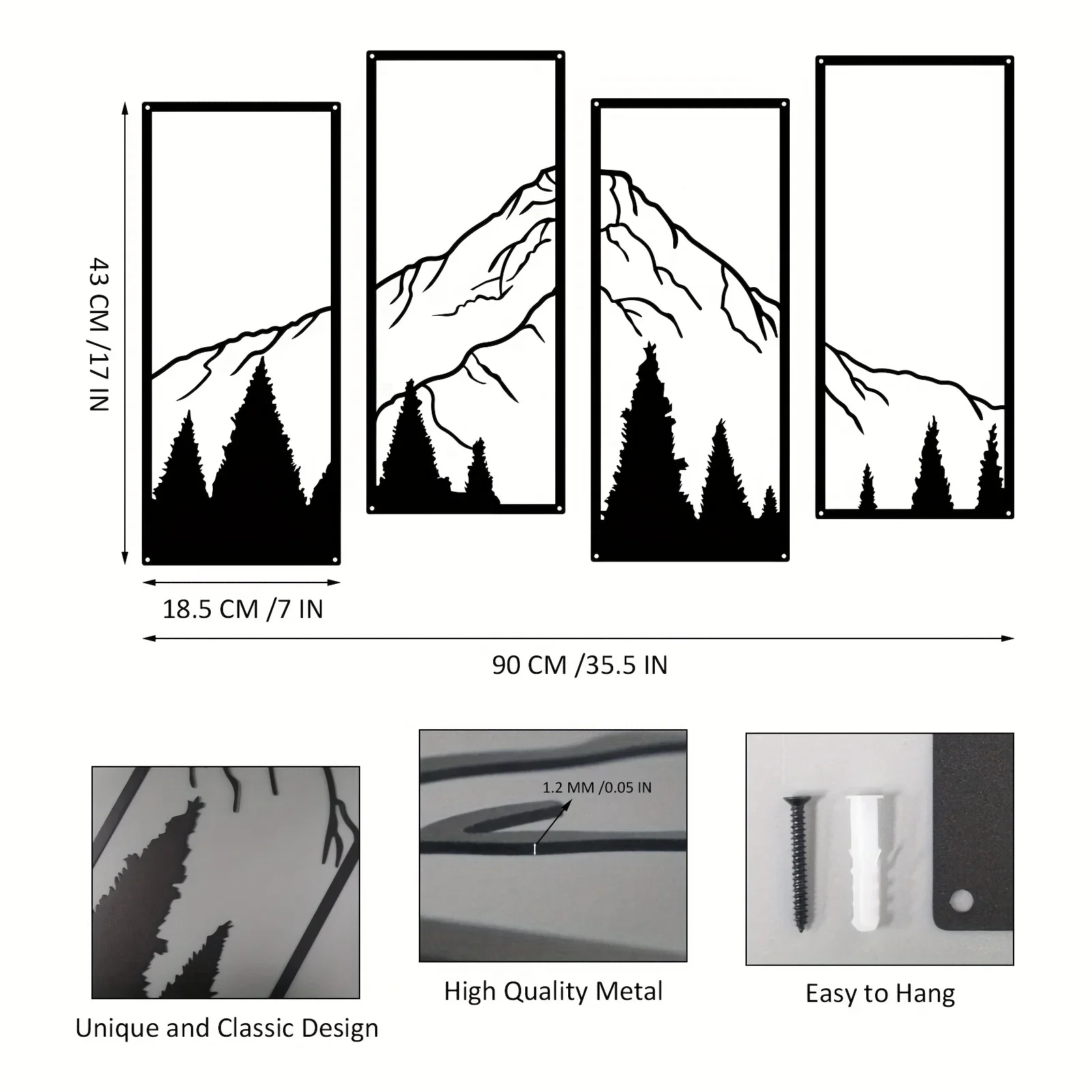 4pcs Minimalist Metal Mountain Wall Decor - Square Sculpture for Office, Home, Living Room, Bedroom - Unique Wall Art