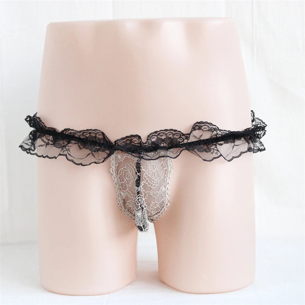 

Sexy Men Sissy Lace Thongs Open Crotch G-String Ultra-thin See-Through Panties Super Mini Bikini Briefs Gay Erotic Underwear