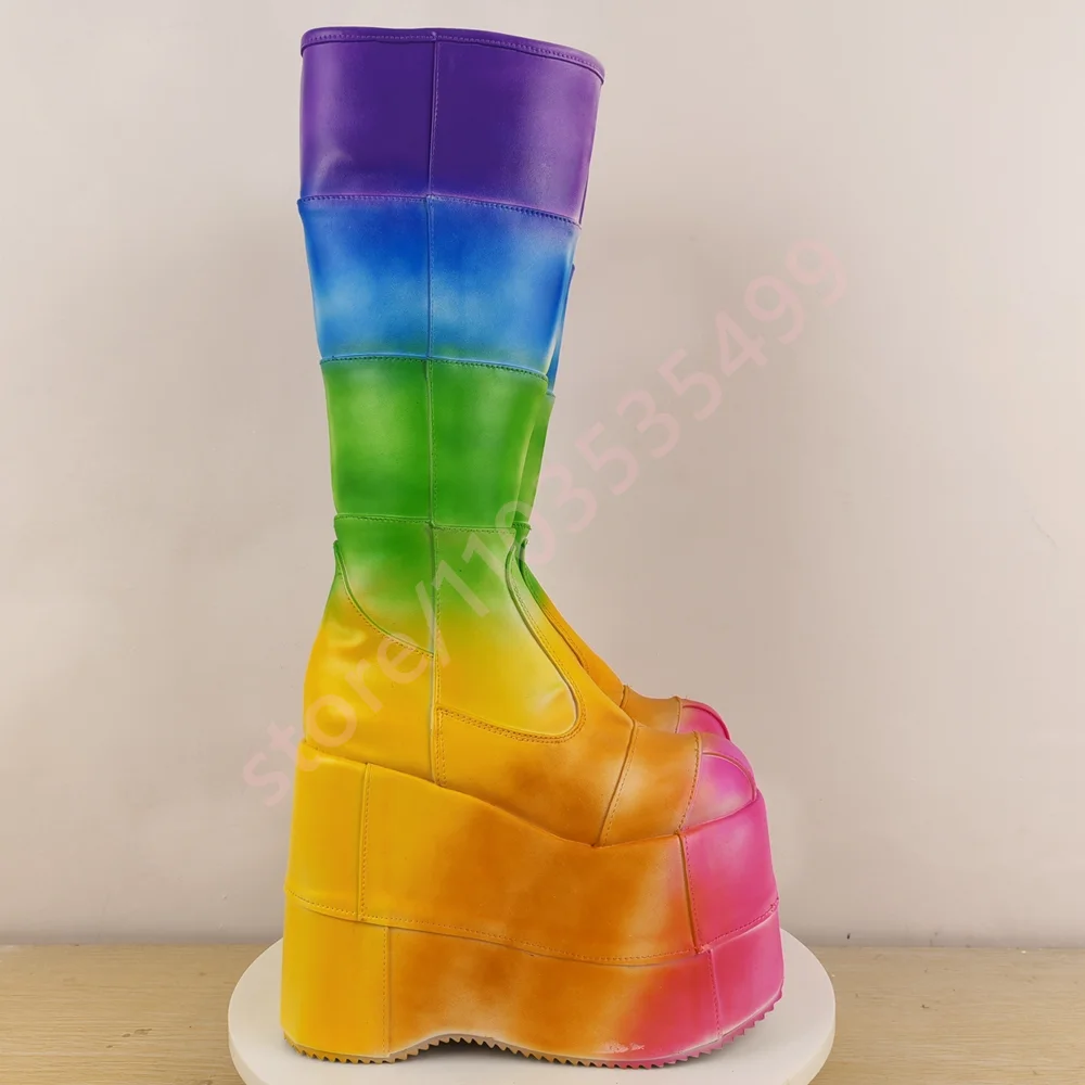 Thick Sole Fashion Rainbow Gradient Stage Boots 2026 Autumn New Round Street Punk Rock Boots 35-49 Size Party Performance Boots