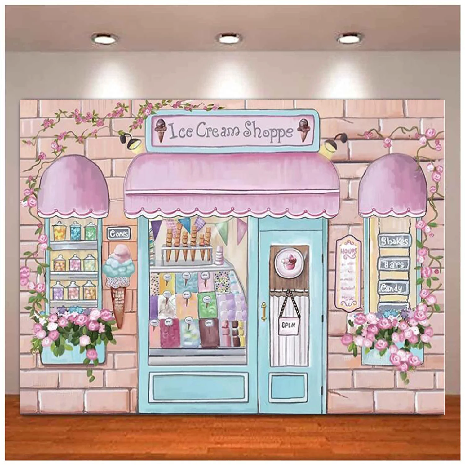 

Ice Cream Theme Shop Photography Backdrop Pink Flower Sweet Candy Background Birthday Party Decor Baby Kids Photo Shoot Studio