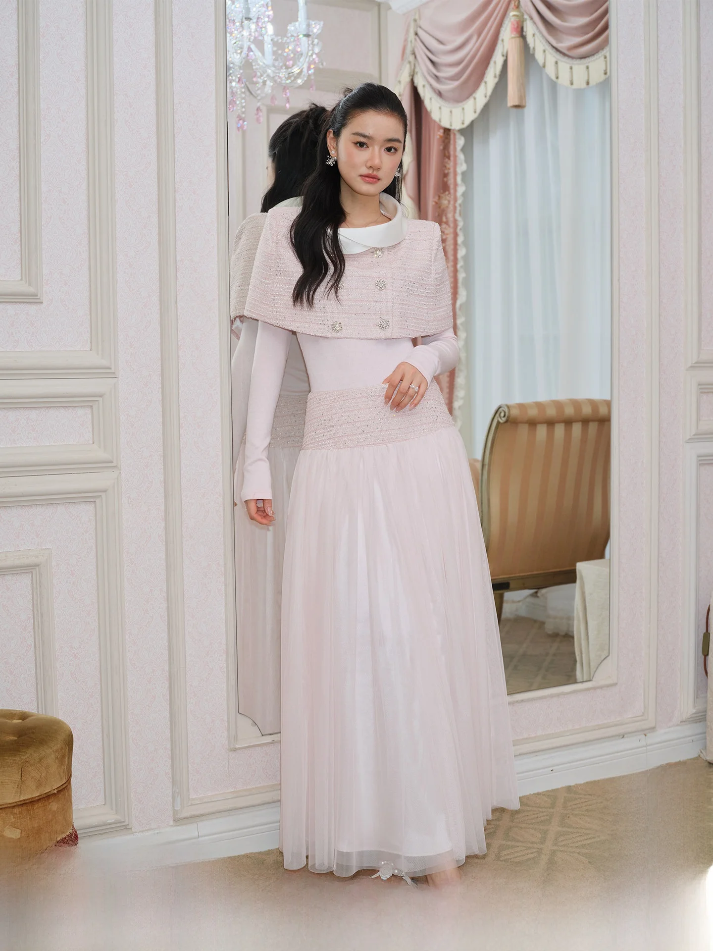 

ameng Satin Lapel iny Buttoned awl Tulle Skirt Set Small Fraance Sle Loose Cut ort Length Universal Fit Adult Women