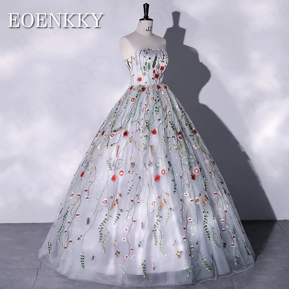 Robe de Rhbrodée de fleurs en tulle sans bretelles, robes de Rhde luxe, col bateau, dos nu, gris, occasion d'anniversaire Robe de bal sans bretelles robes de soirée  Robes d'anniversaire en tulle à fleurs brodées  Luxu