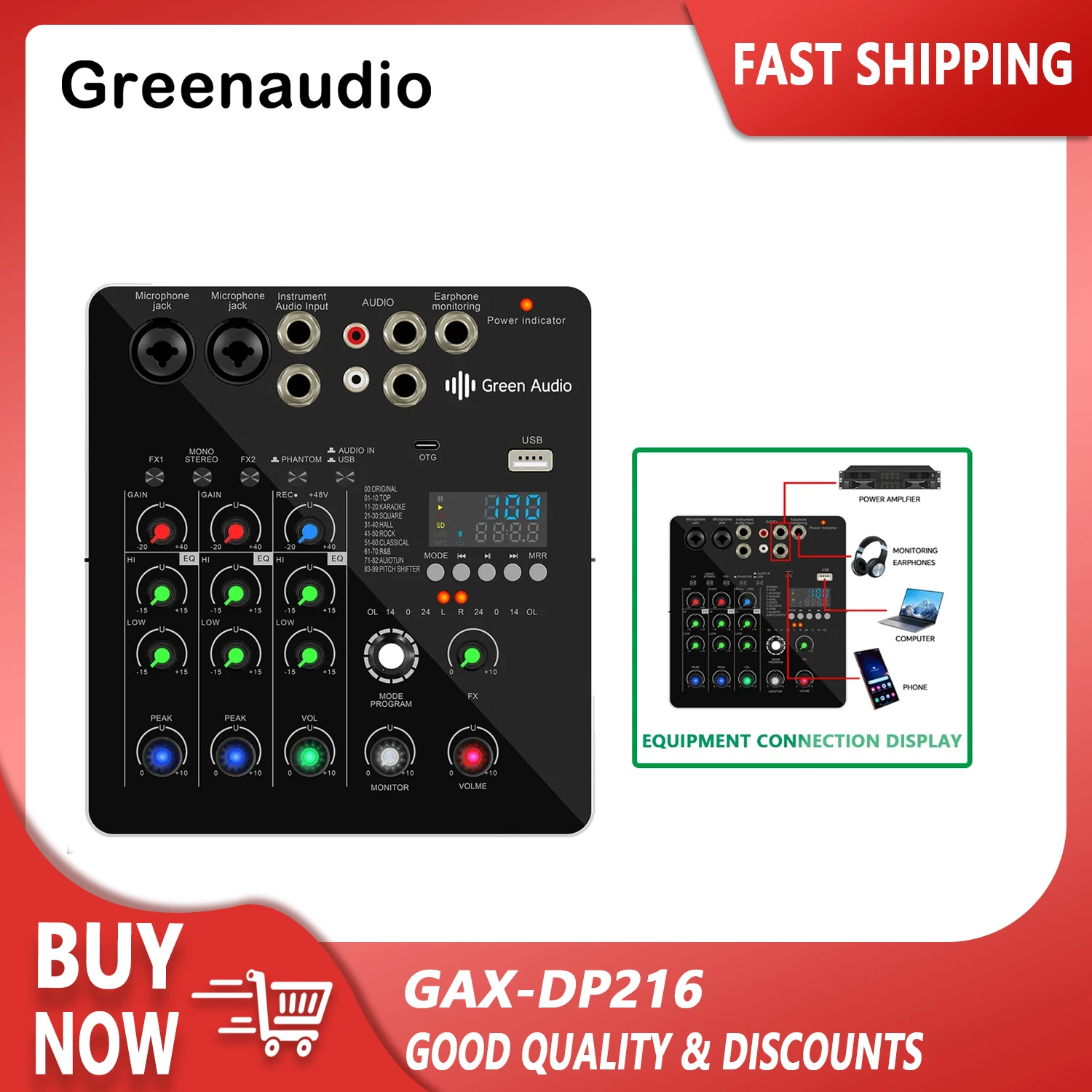 GAX-DP216 Professionele draagbare digitale DJ-console met USB-mixer Grensoverschrijdende live zingen 2-kanaals audiomixer