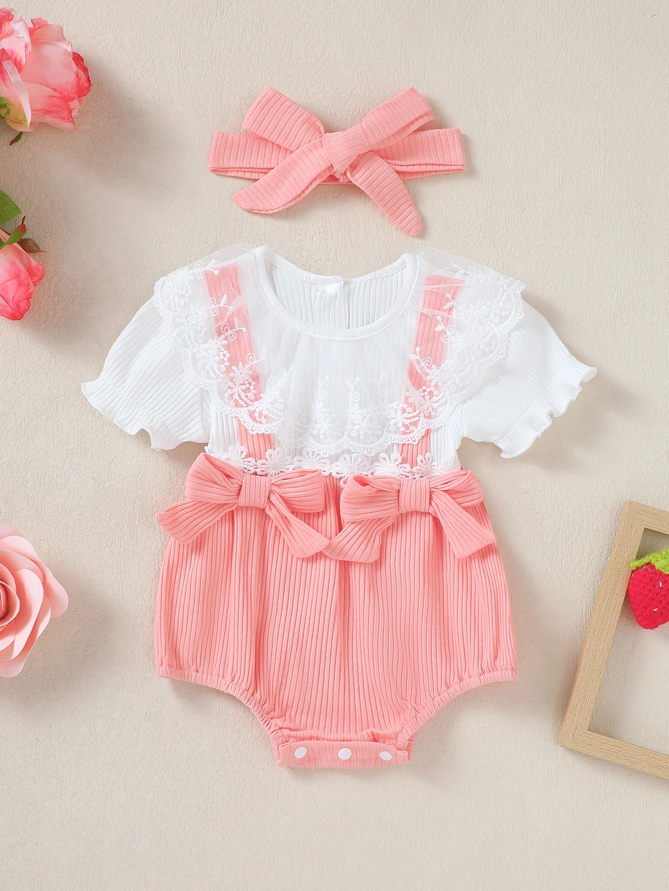 Baby Girl Lace Trim Short Sleeve Onesie with Headband Infant Clothing Set Cute And Stylish Toddler Outfit with Accessory
