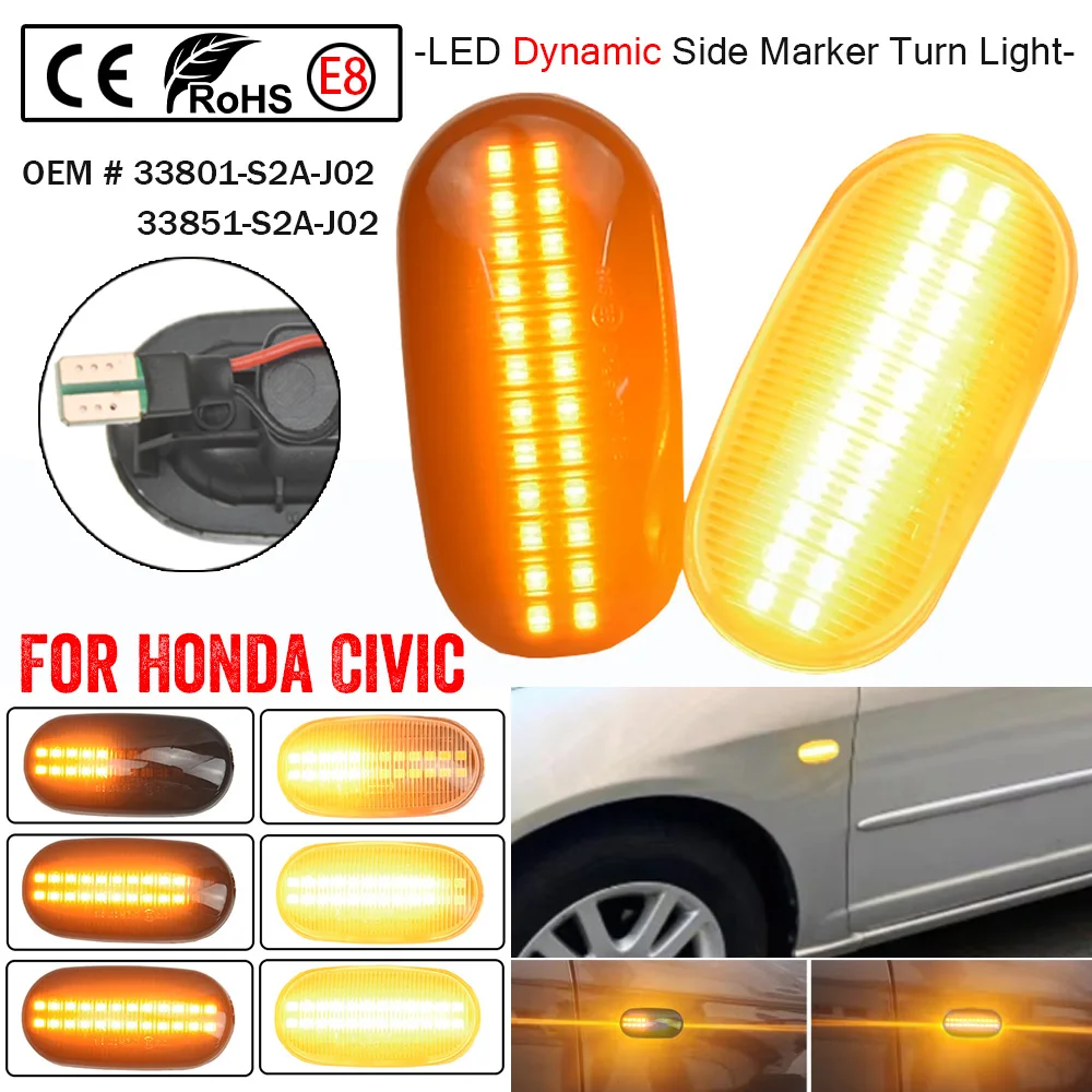2x For Honda Acura Civic CRX Prelude S2000 Del Sol Fit Integra Led Dynamic Side Marker Turn Signal Light Sequential Blinker Lam