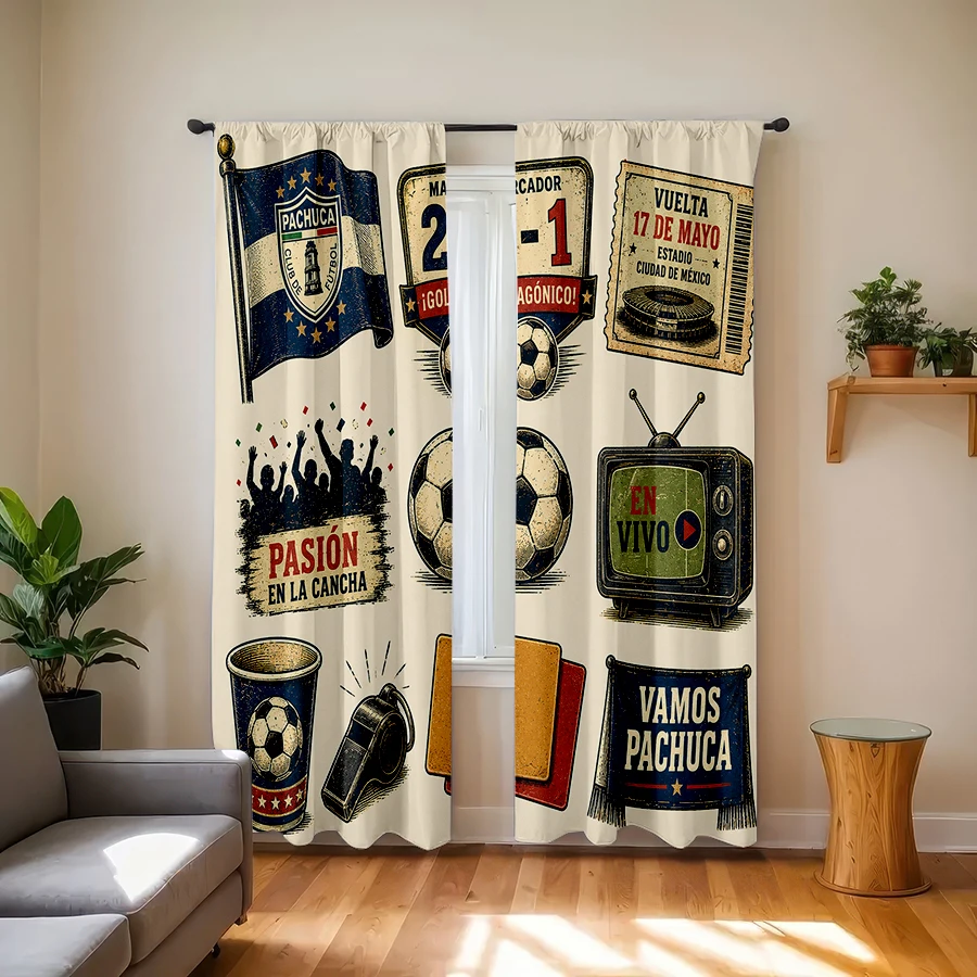 2 Cortinas con Estampado Vintage del Pachuca de Fútbol, con Bandera del Equipo, Puntuación del Partido, Boleta de Entrada, Balón de Fútbol y Público Animado