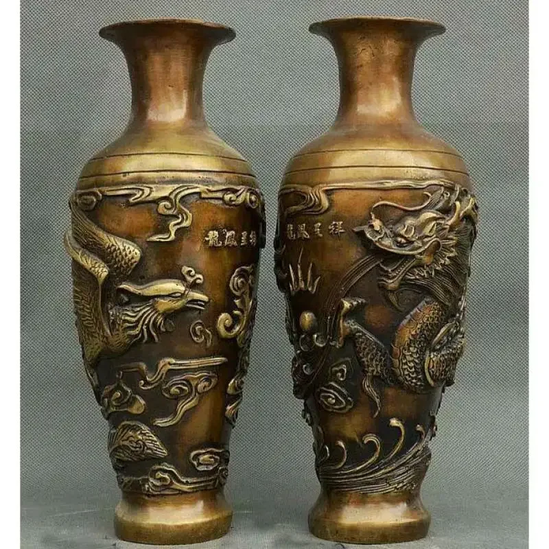 Chinese Dynasty Palace Bronze Copper Feng shui Wealth Dragon Phoenix Bottle Vase