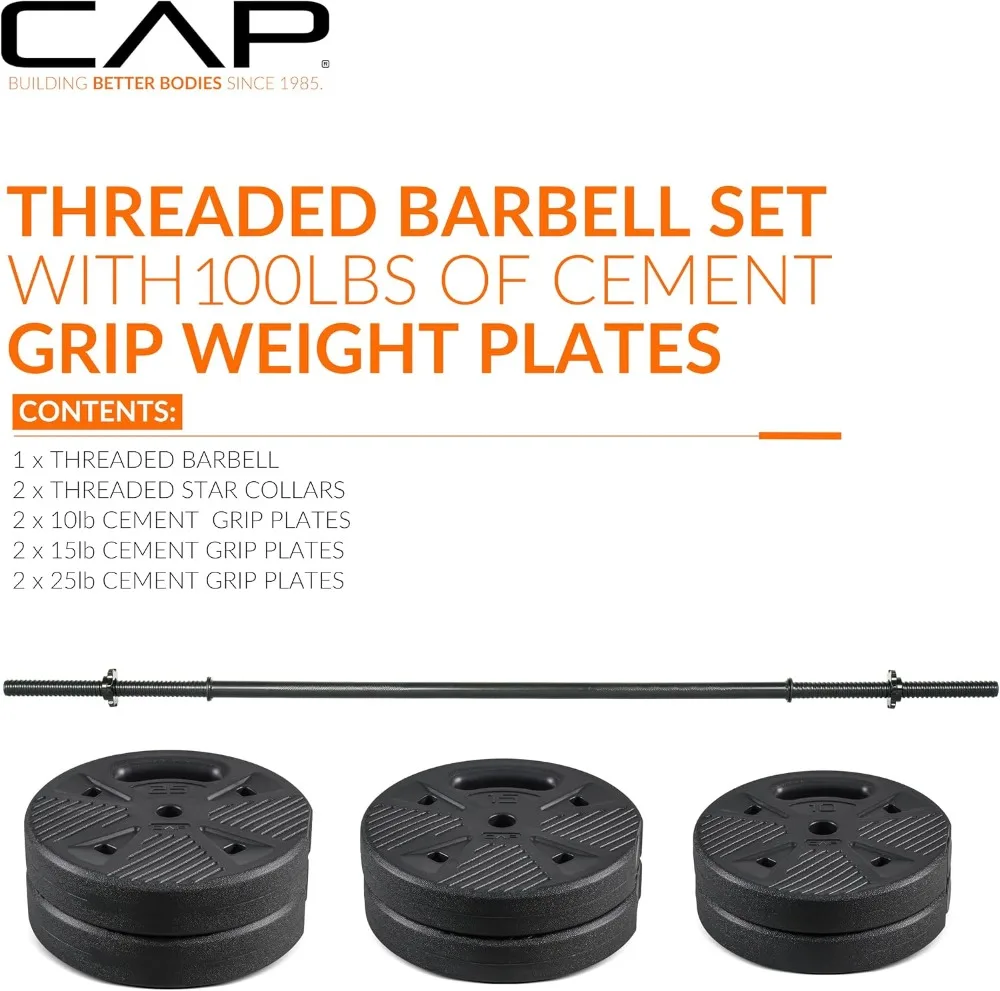 CAP Threaded Barbell Set with 100 LB Grip Plates, 47" Bar, Star Collars, Home Gym Weight Set for Strength Training - view 2