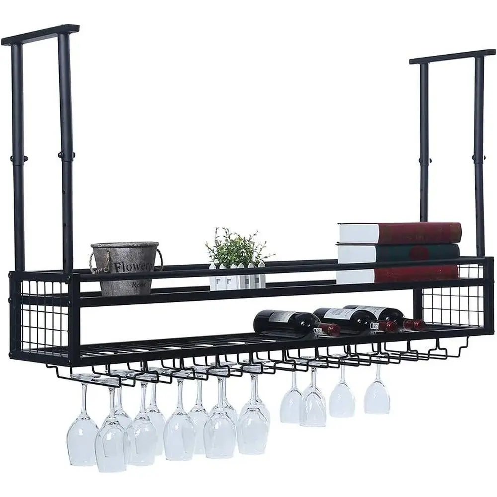 

Hanging Wine Glass Rack Ceiling or Bar Restaurants,47.2in Adjustable Metal Wine Glass Holder,Industrial Iron Wine Shel Wall Moun
