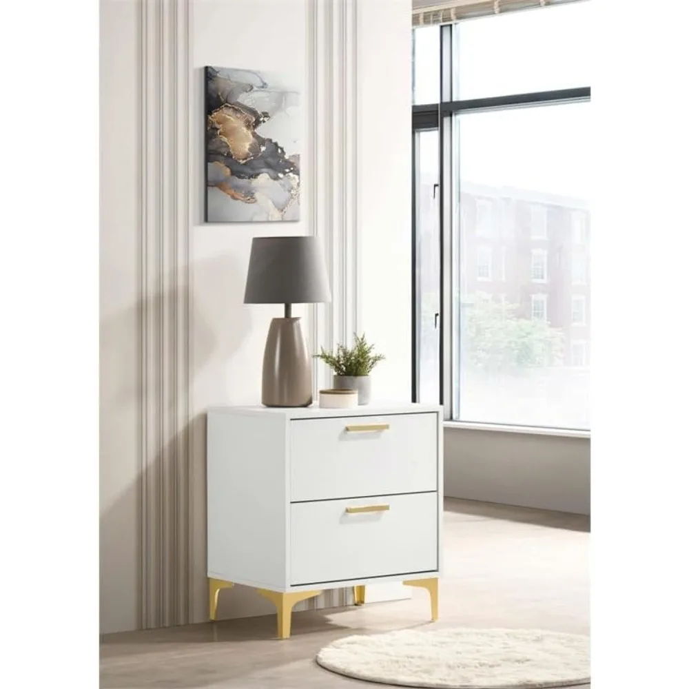 2-drawer Contemporary Wood Nightstand with Metal Base in White