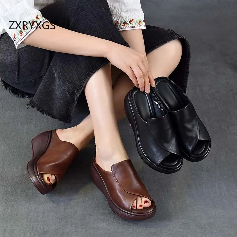 

ZXRYXGS New Summer Fish Mouth Top Cowhide Leather Slippers Outerwear Shoes Wedges Slippers High Heel Sandals Women Slippers 2026