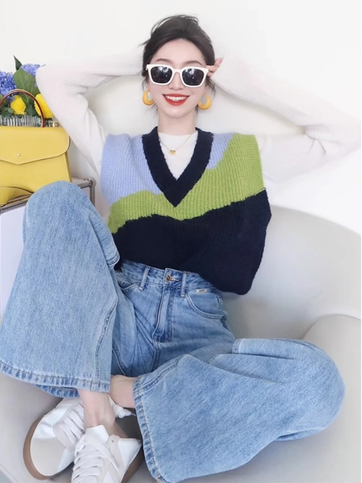 

Цветной вязаный жилет Blo V-Ne ort Svel Top Layering Sle, весенне-осенняя женская модная корейская одежда для поездок на работу