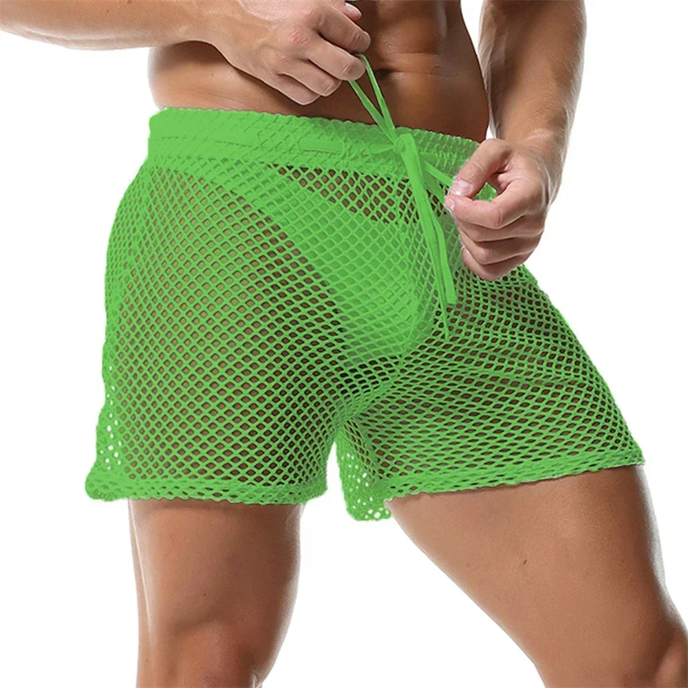 Men's Sexy Mesh Hollow Out Casual Shorts Drawstring Fishnet Breathable Soft Male Beach Trunks Bodybuilding Fitness Loose Shorts
