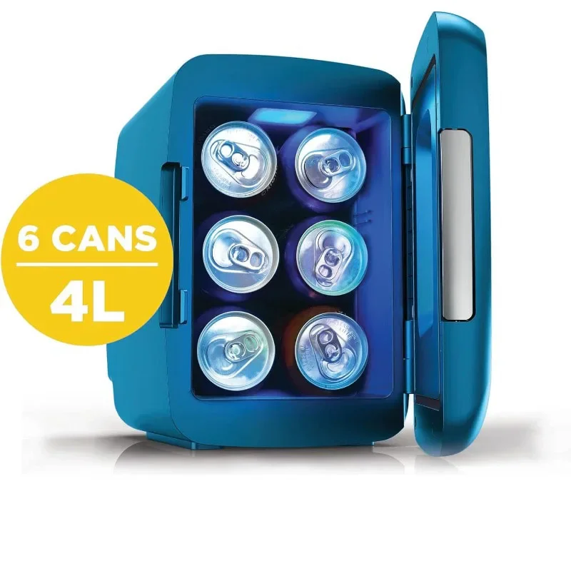 Mini Fridge Cooler, Holds Up to 6 Cans, Gaming Light Up Mini Beverage Refrigerator - 9.84" D x 7.09" W x 10.35" H (Blue)